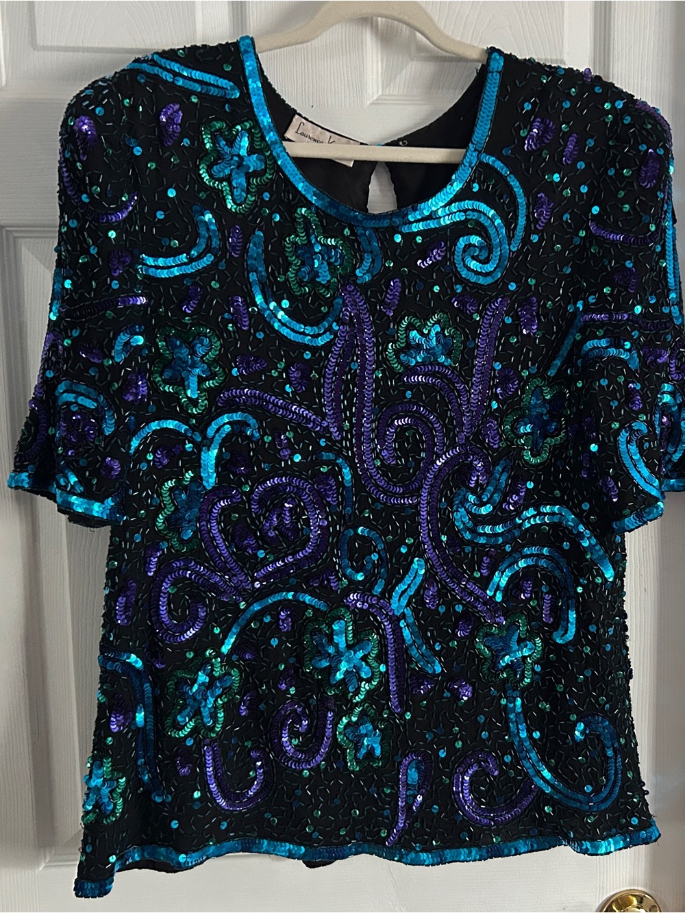 Laurence Kazar Black Short Sleeve Sequin Top with Teal & Purple Embroidery